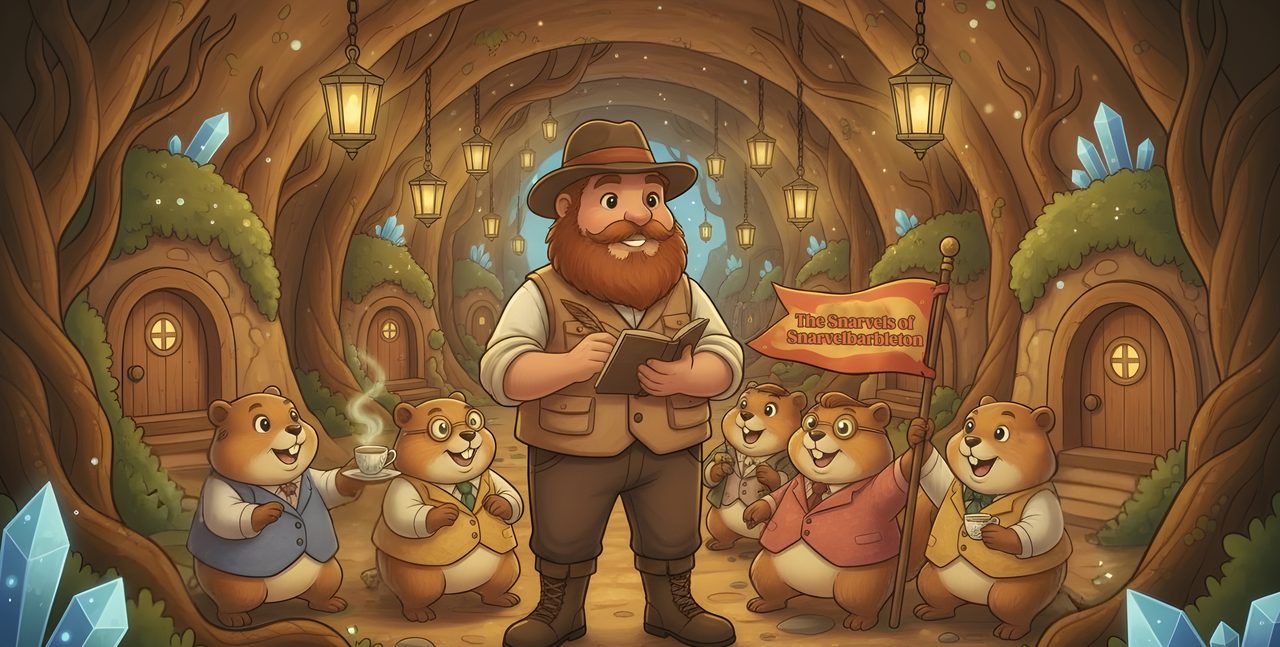 Lars Axberg drawn as a bearded explorer with a notebook, surrounded by cheering Snarvels carrying a banner.