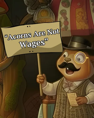 A moustachioed groundhog with a monocle holding a small protest sign reading Acorns Are Not Wages.