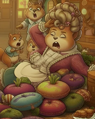 An elegant groundhog lady in a rose gown swooning backwards into embroidered cushions.