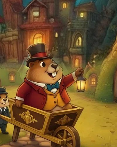 A round groundhog in a red tailcoat and top hat, holding a lantern, seated in a gilded wheelbarrow.