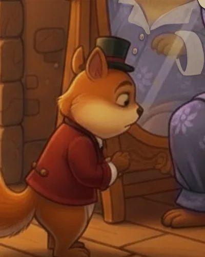 A squirrel in a red livery coat and small top hat, mid-stride.