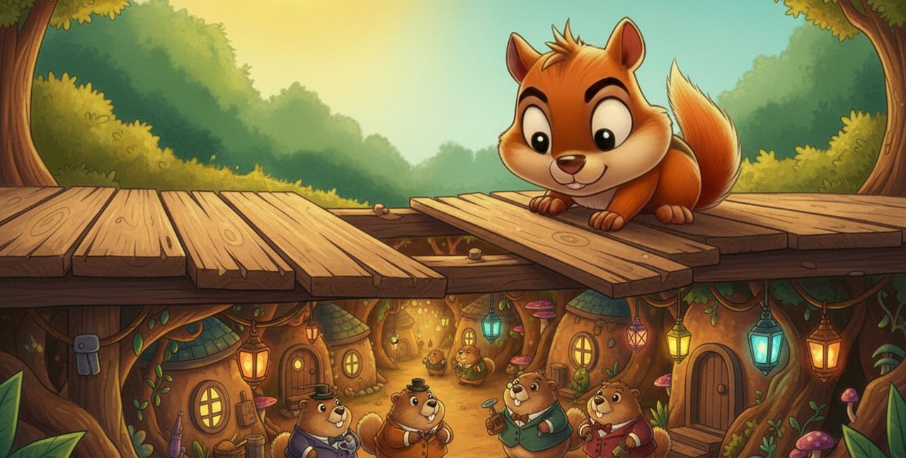 A chipmunk peers over the loose boards of a back deck. Below, a warmly lit underground town of round groundhogs in waistcoats.