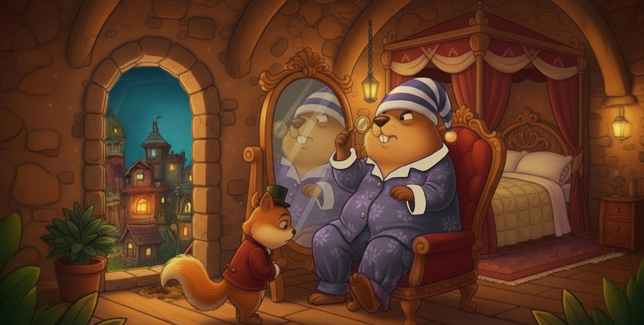 Lord Butterfluff in striped pyjamas inspects his fur in a mirror with a monocle while Reginald the squirrel valet waits.