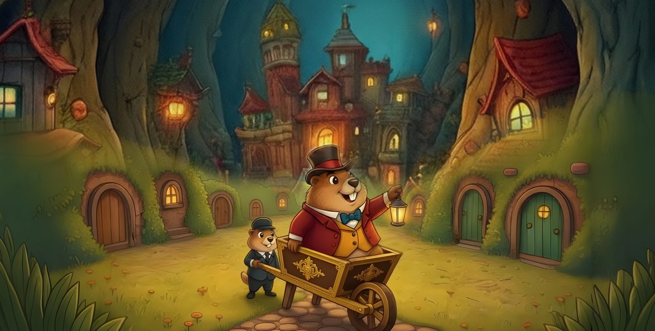 A groundhog in a red coat and top hat rides a gilded wheelbarrow pushed by a small attendant, past round doors and lantern light.